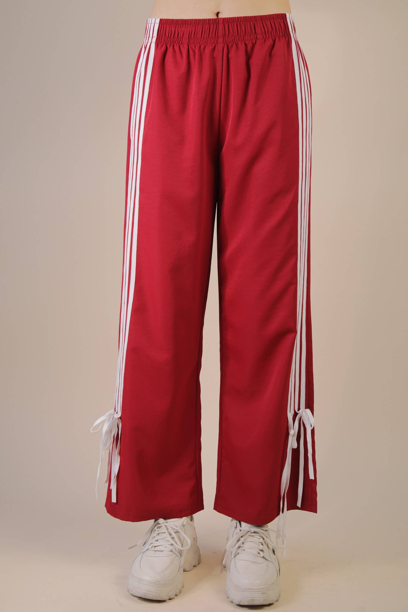 NP70839-Side Ribbon Detail Jersey Pants: RED / S-M-L/2-2-2