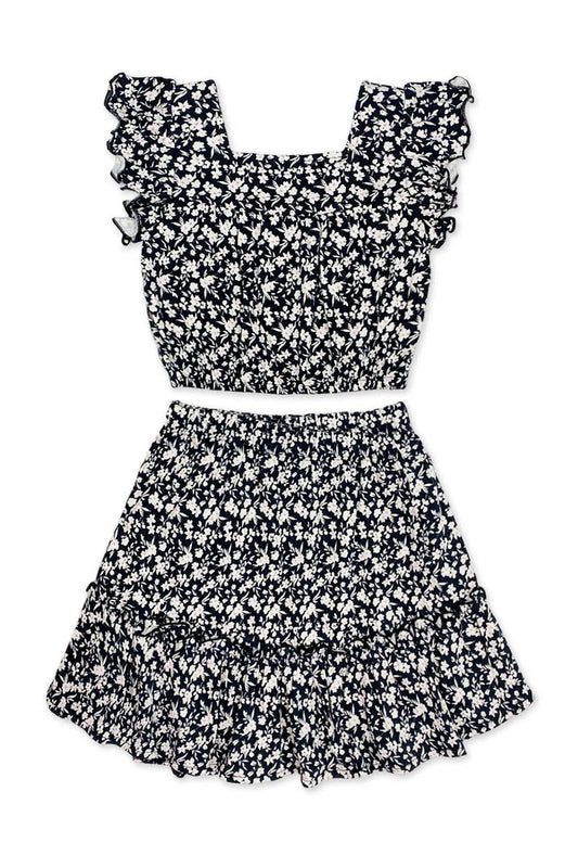 GKSS-3165B-Q45 Girl's 2 pc Skirt Set w/ Ruffle Sleeve Top: Black White Floral / S6/7
