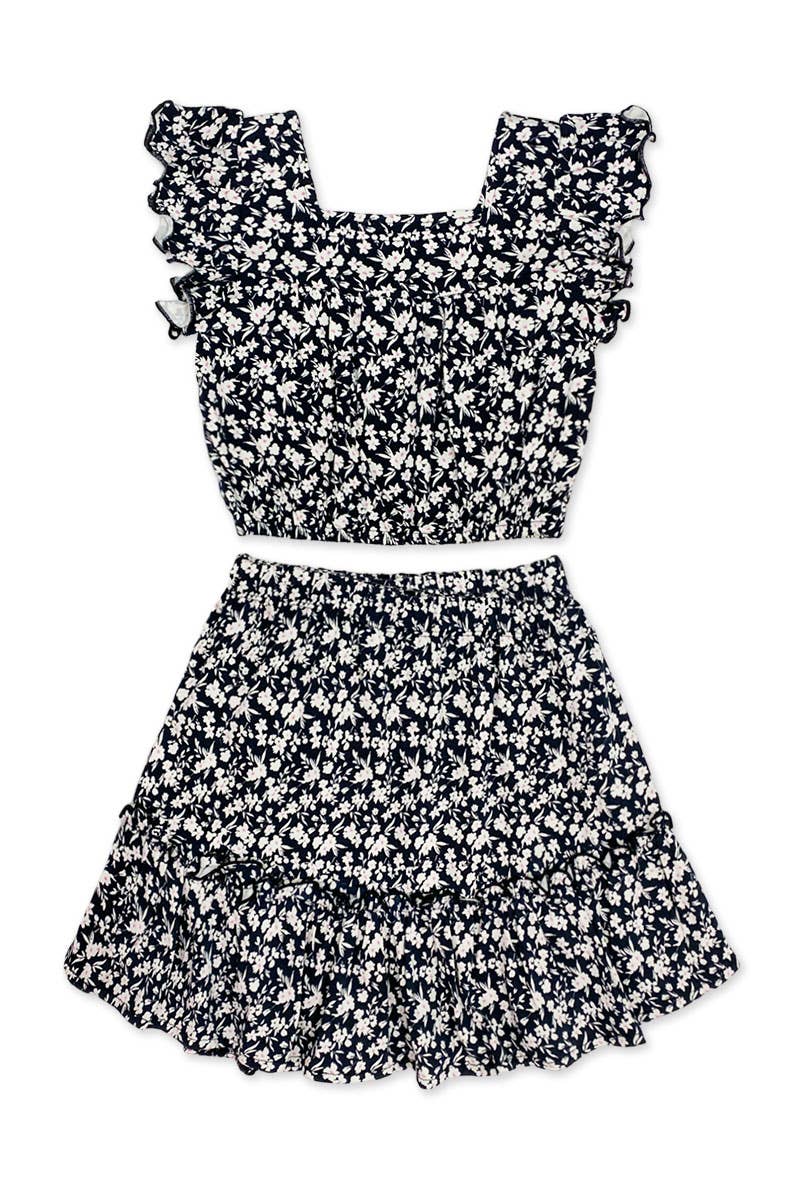 GKSS-3165B-Q45 Girl's 2 pc Skirt Set w/ Ruffle Sleeve Top: Black White Floral / M8/10