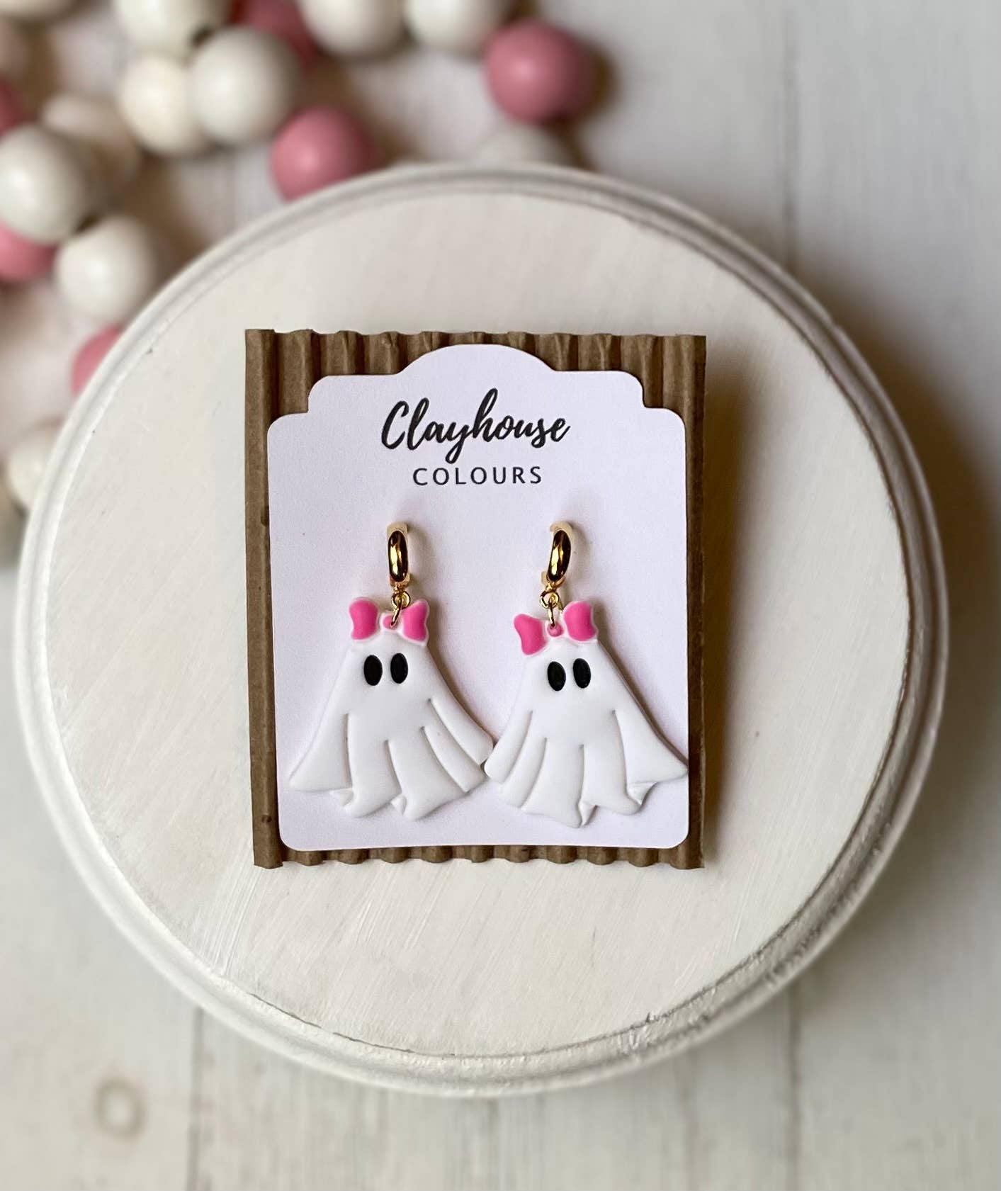 Pink Halloween Earrings | Fall Earrings : Ghost with Bows