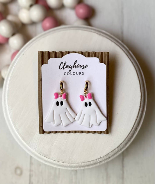 Pink Halloween Earrings | Fall Earrings : Ghost with Bows