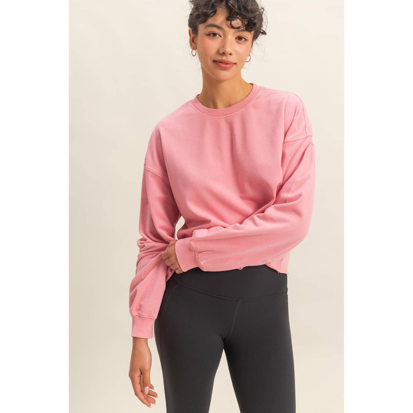 Cropped Crewneck Sweatshirt With Oversized Sleeves: BLACK / S-M-L(2-2-2)