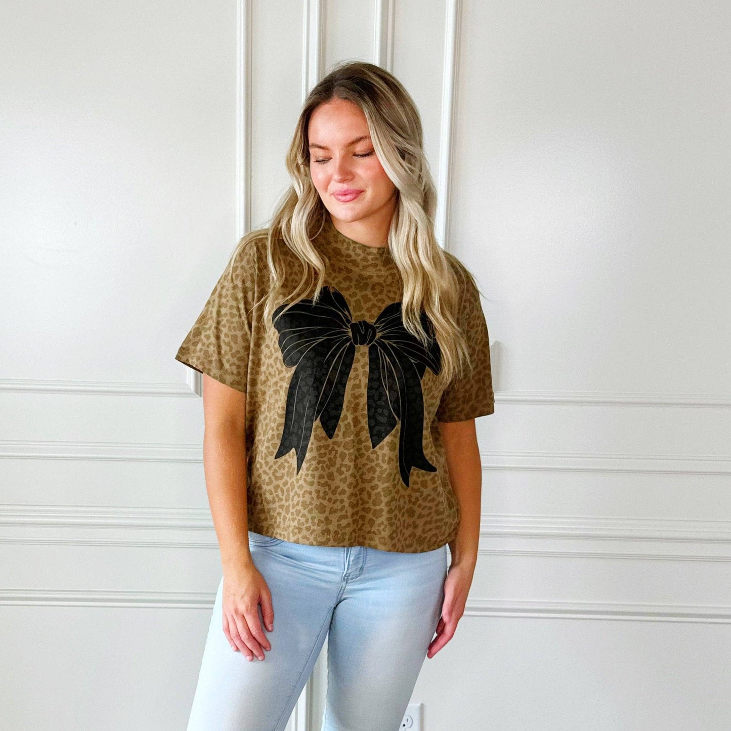 Bow Leopard Cropped Tee: Adult Med (8-10)