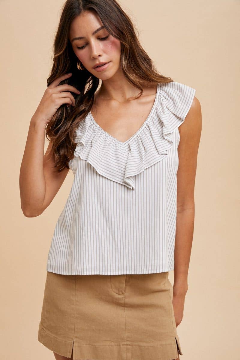 Pin Stripe Ruffled V-neck Sleeveless Blouse: NAVY / 2-2-2-2(S-M-L-XL)