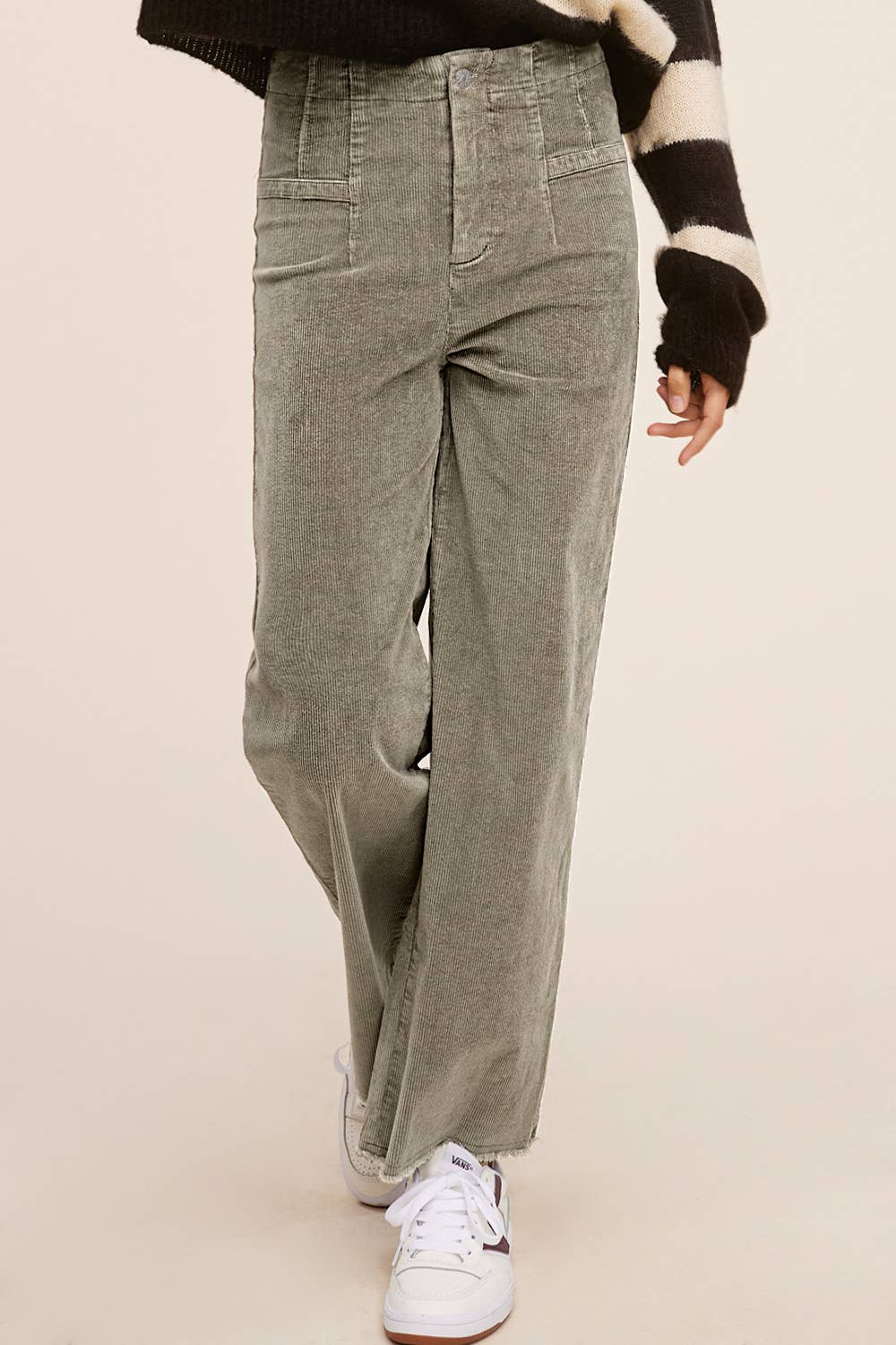MCP4220-Mineral Washed High Waisted Wide Leg Corduroy Pants: Brown / XL