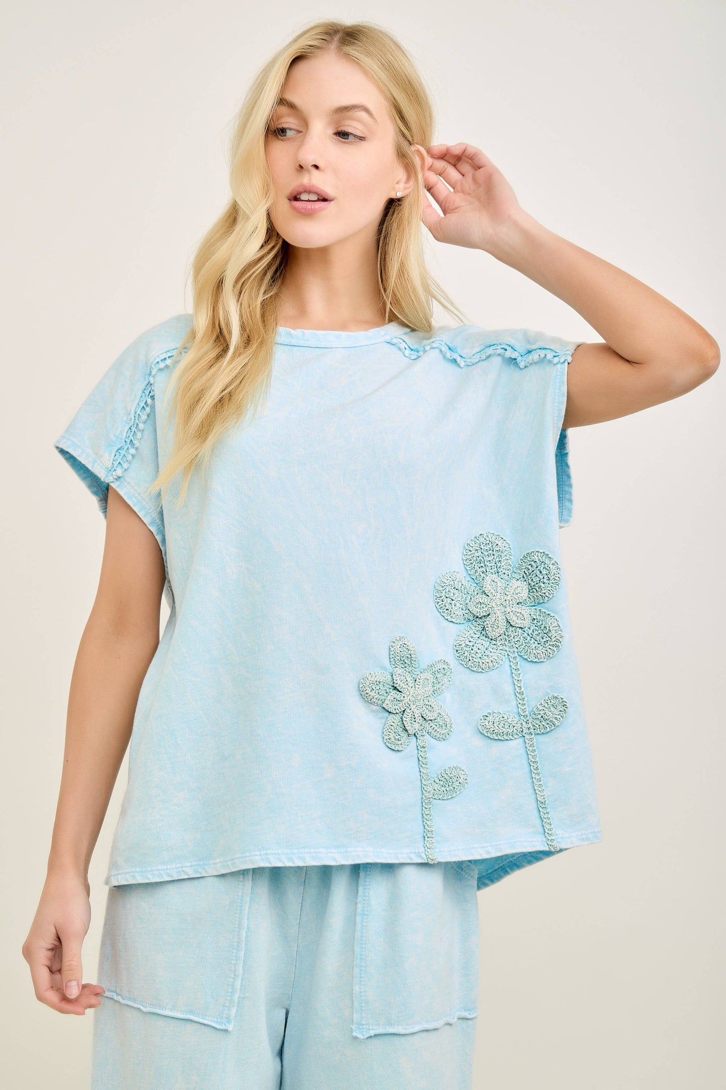 Mineral Washed Flower Garden Sleeveless blouse top HT7012: Papaya / S-M-L / 2-2-2