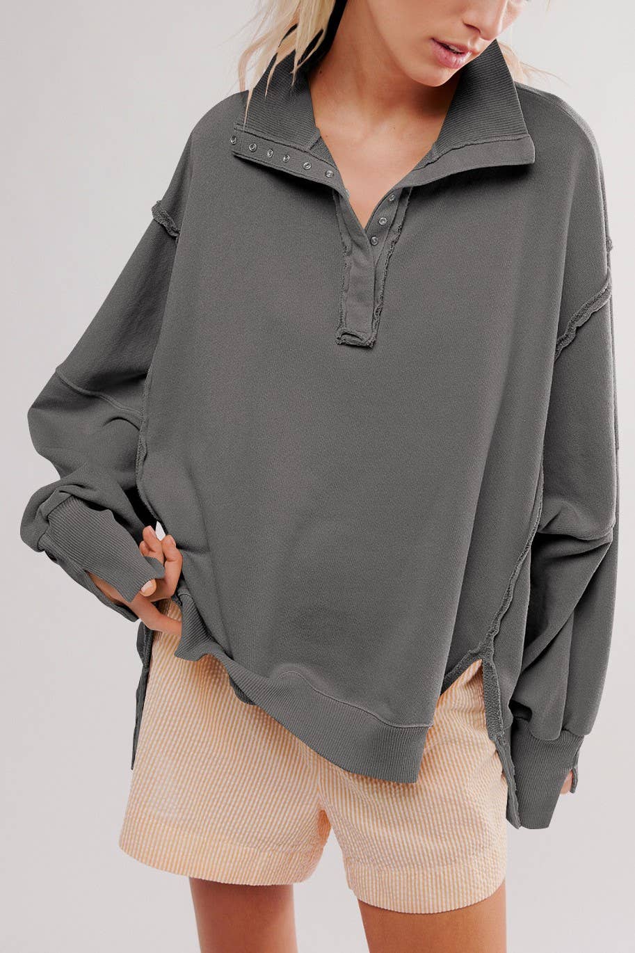 Half button outseam oversized sweatshirt: Fuchsia / S