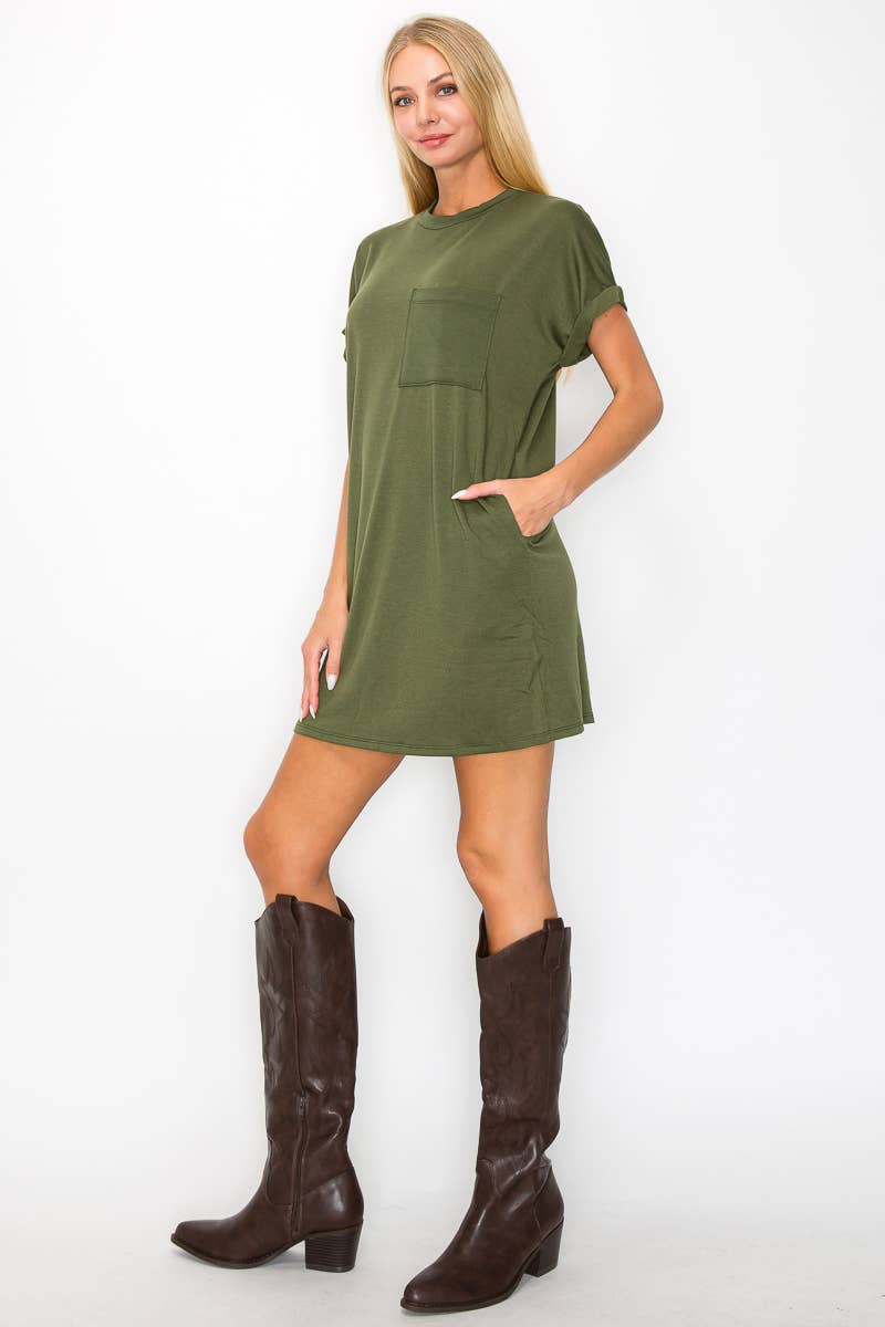 Round Neck Pocket Mini Dress HD1015: Olive / S-M-L / 2-2-2