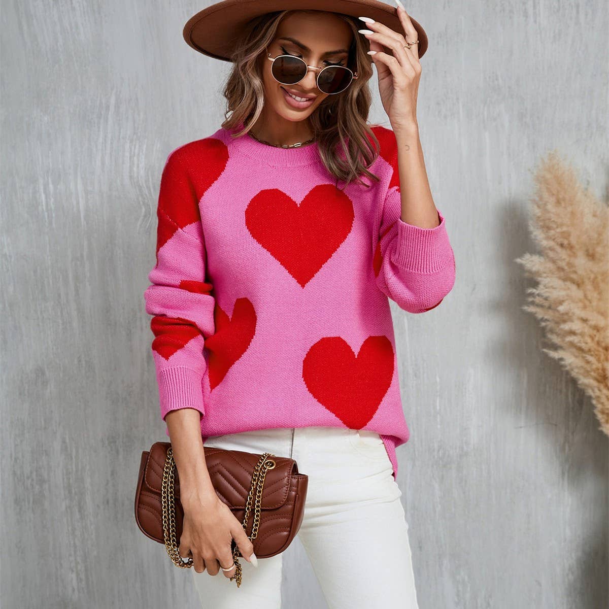 Valentine's Day jacquard pullover sweater: White / (L) 1