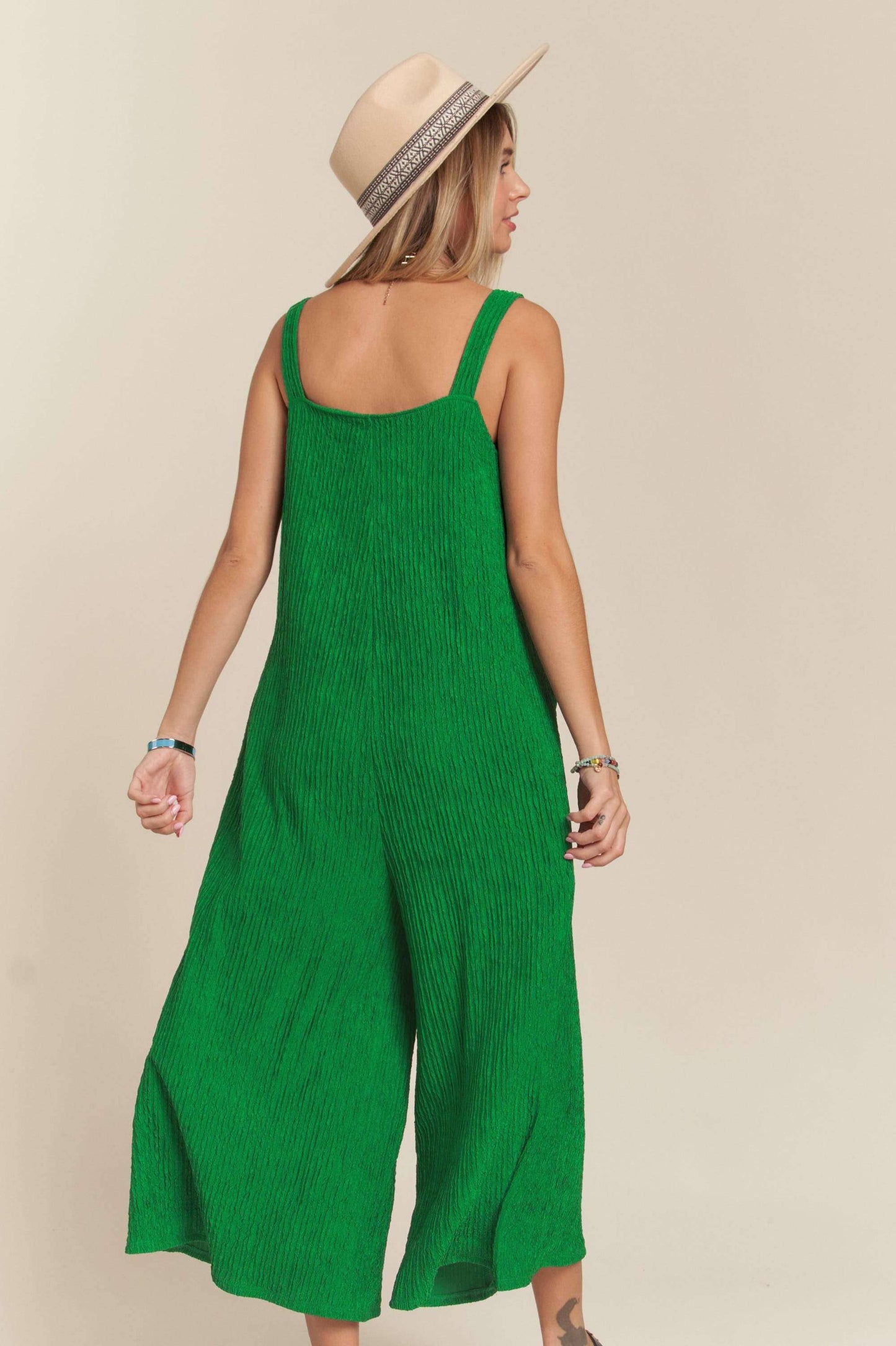RP4087PL - WIDE LEG CRINKLE JUMPSUIT: L / BLACK