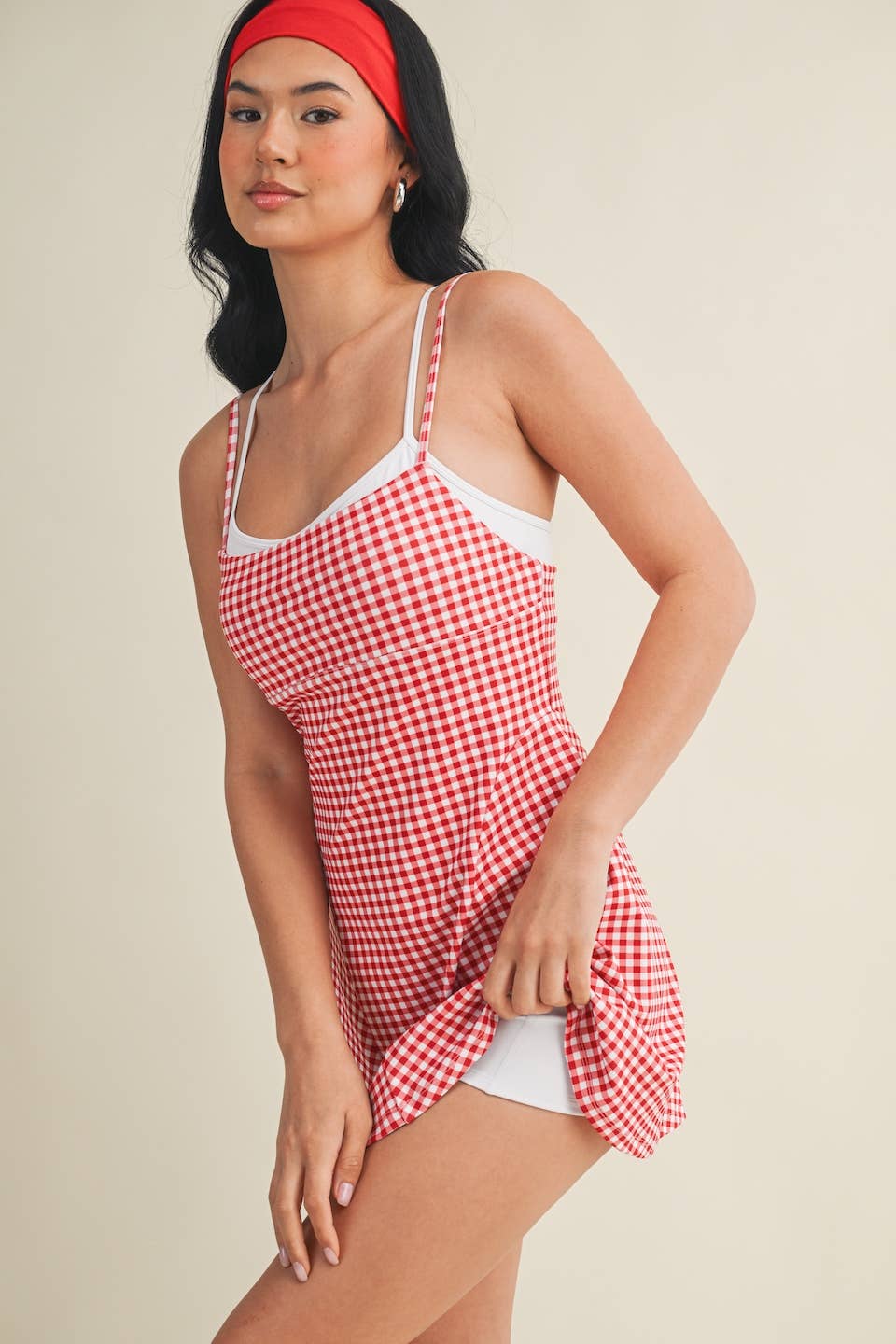 Gingham Print Double Layered Dress: Blue Gingham / M