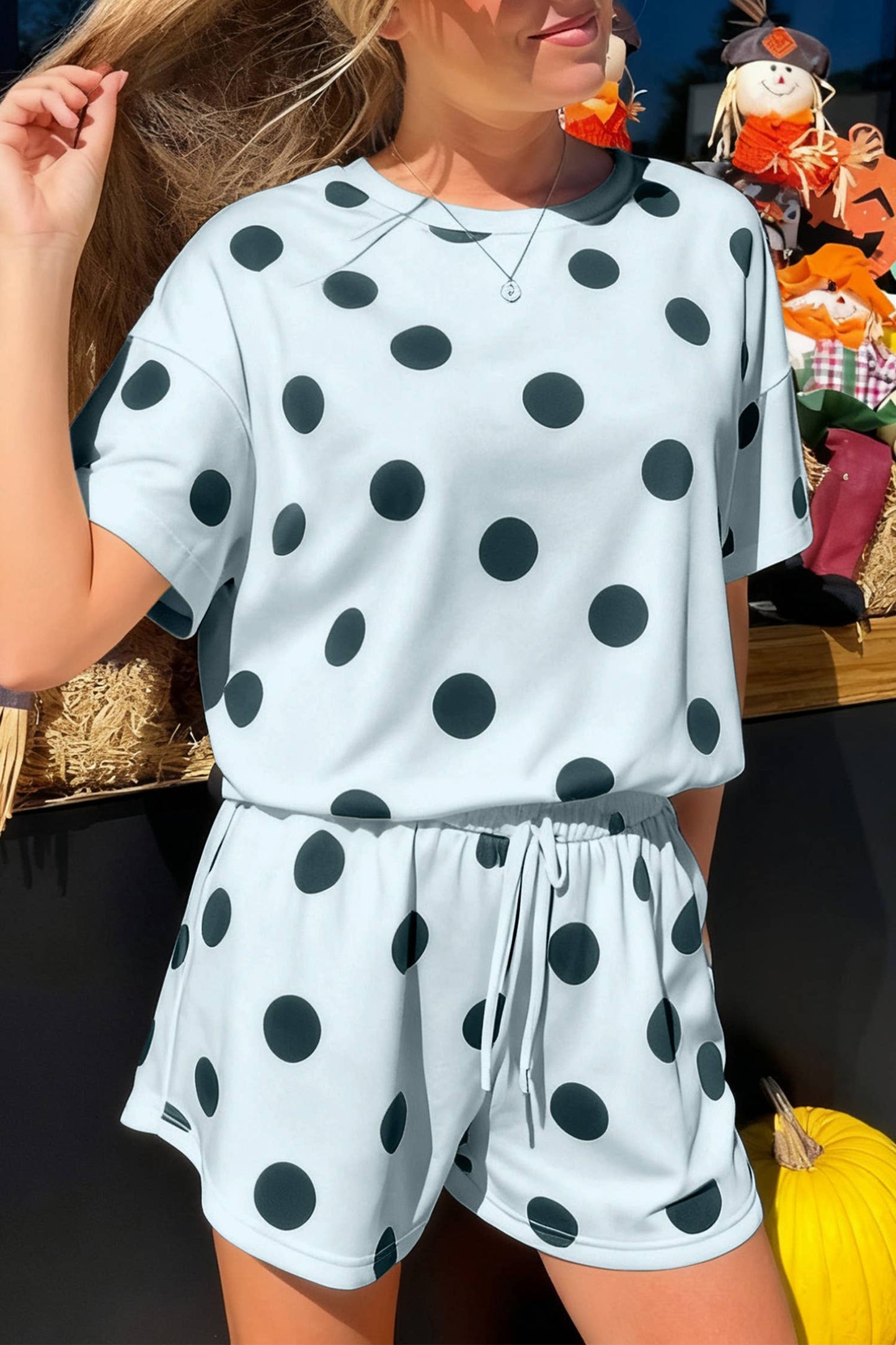 Polka Dot Print Loose Tee Drawstring Elastic Waist Short Set: Black / XL