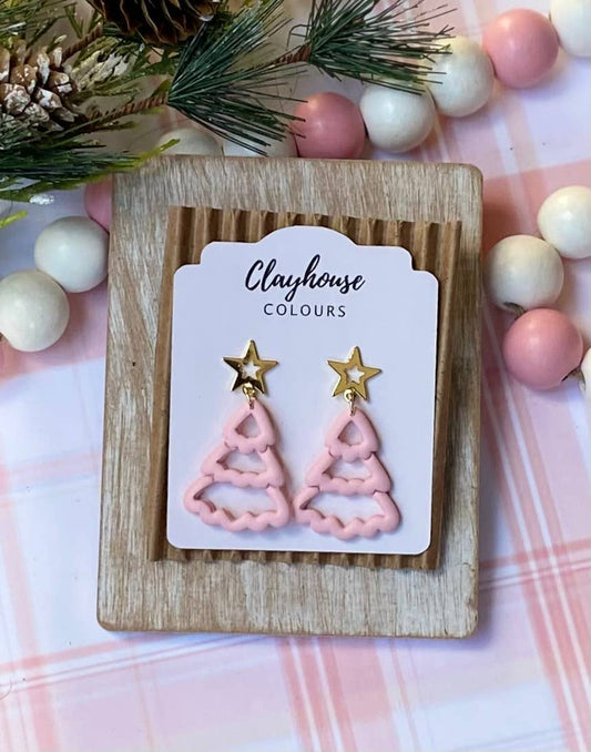 Christmas Tree Clay Earrings: Pink