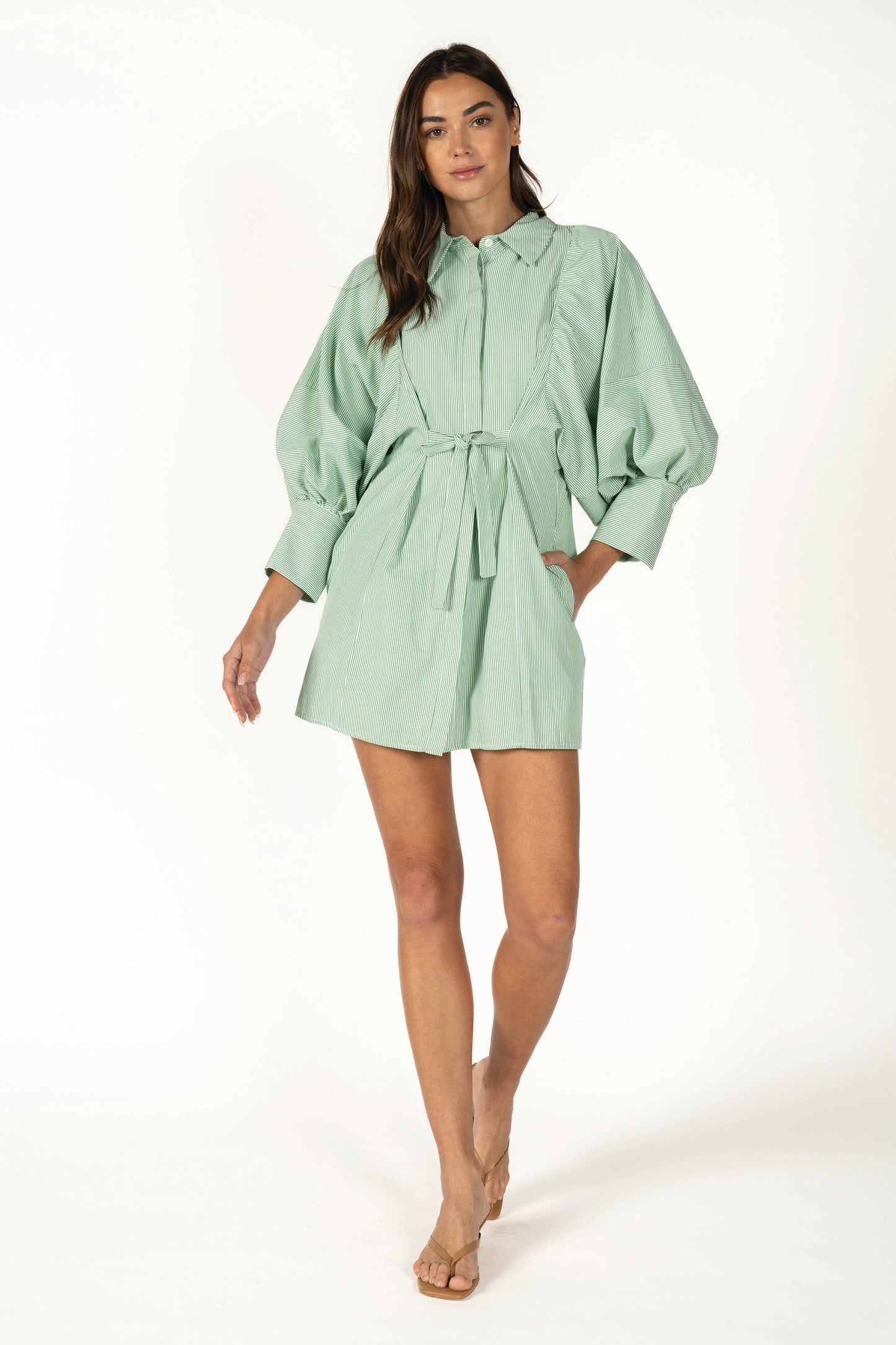 Statement Sleeve Mini Shirt Dress REMI245-S : PINK STRIPE / S