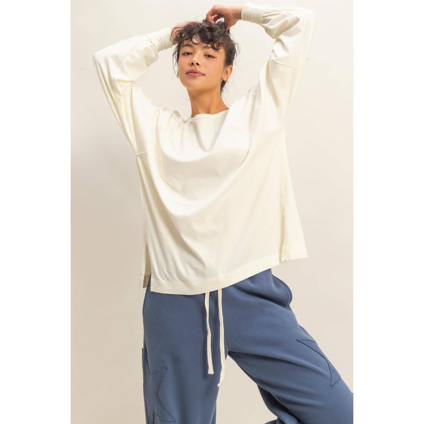 Washed Oversized Long Sleeve Top With Slit: TAFFY PINK / S-M-L(2-2-2)