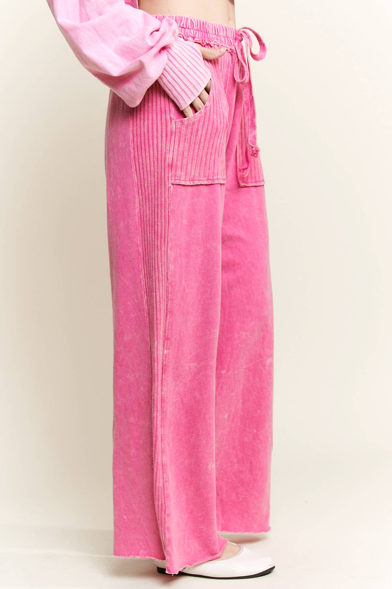 Mineral Wash Side Knit detail wide leg pants HE5878P..: Olive / S-M-L / 2-2-2