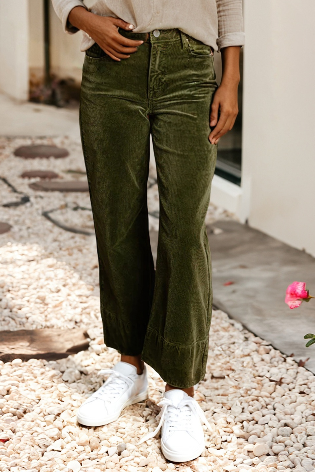 LDC Solid Color High Waist Corduroy Wide Leg Pants: Vineyard Green / M