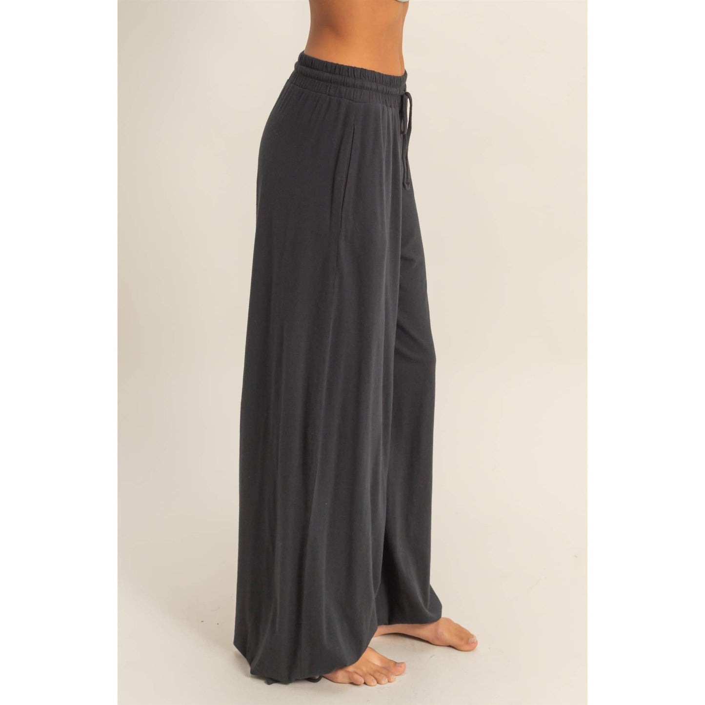 High Waist Drawstring Wide Leg Pants: BLACK / S-M-L(2-2-2)