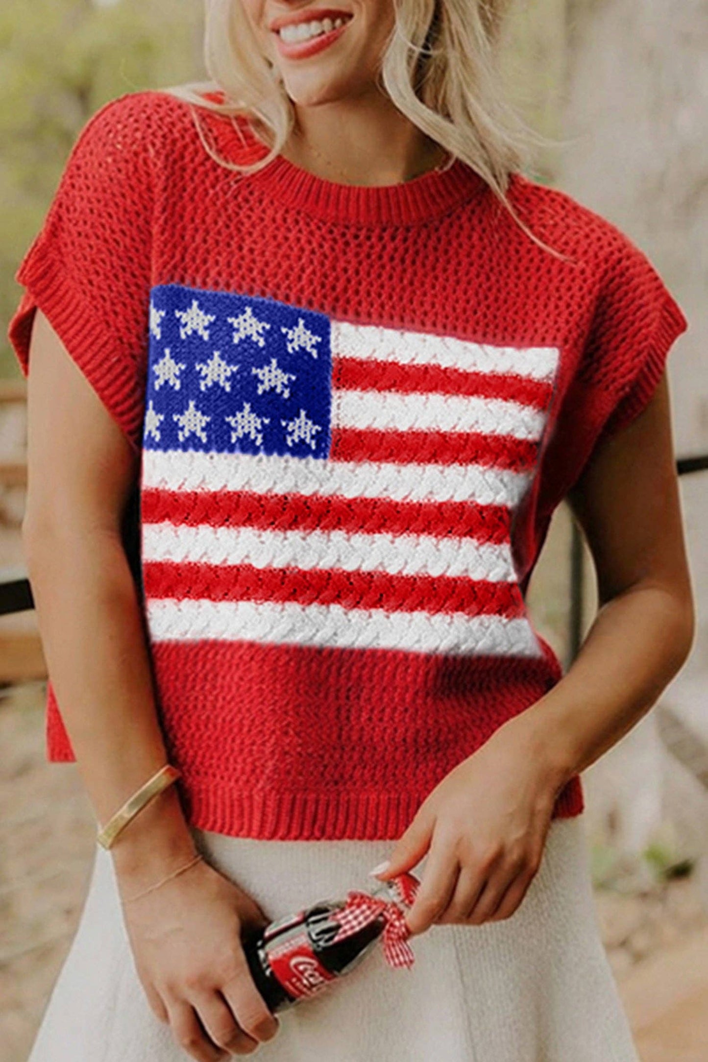 Blue American Flag Knit Short Sleeve Sweater Top: Sky Blue / 100%Acrylic / S