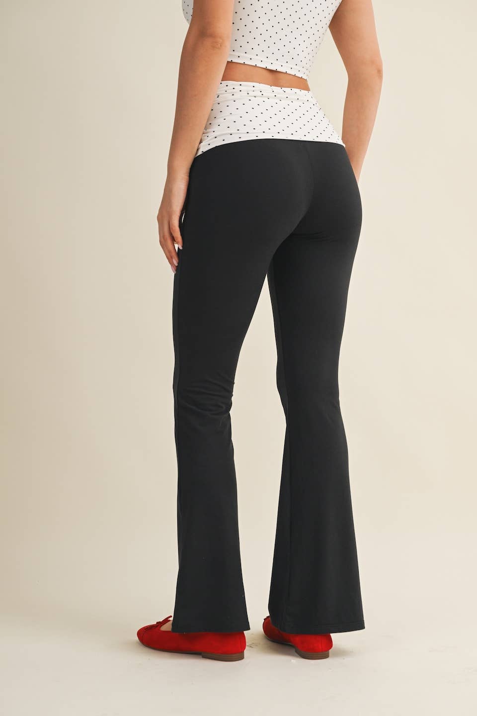 Polka Dot Soft Knit Foldover Flare Pants: Blue/Black Polka Dot / M
