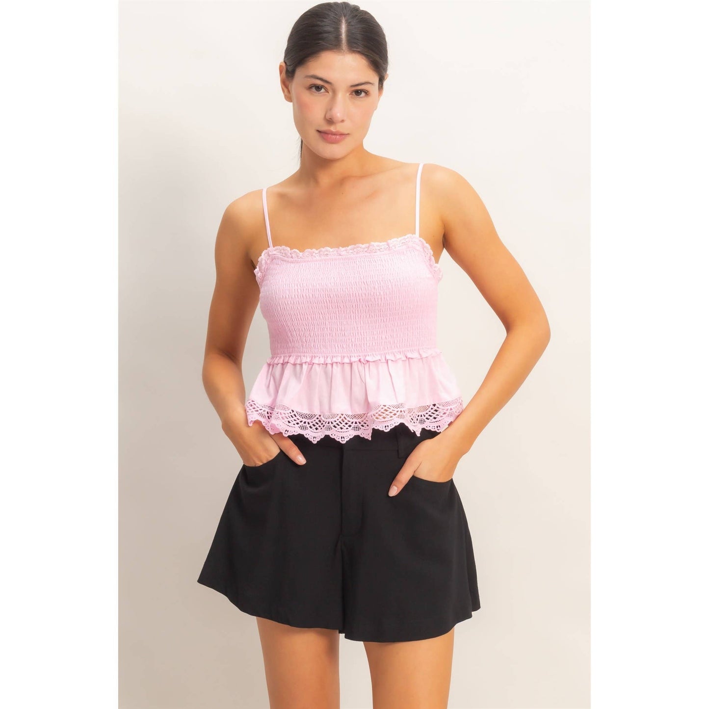 Smocked Peplum Top With Lace Trim: YELLOW / S-M-L(2-2-2)