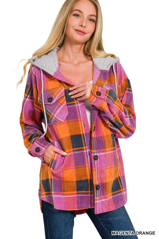 Plaid Drawstring Hooded Fleece Shacket: TEAL/ORANGE / 2-2-2 (S-M-L)