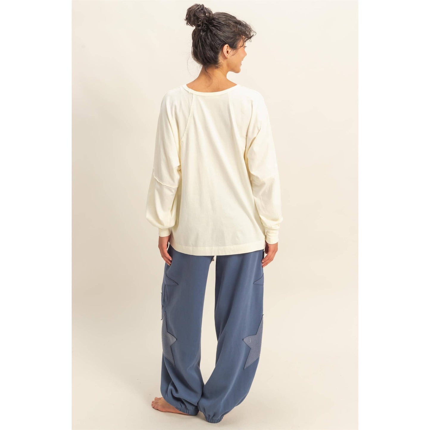 Washed Oversized Long Sleeve Top With Slit: CREAM / S-M-L(2-2-2)