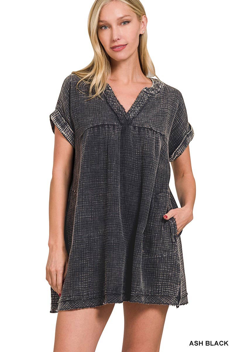 Washed Double Gauze Raw Edge V-neck Dress: DEEP SKY / 2-2-2(S-M-L)