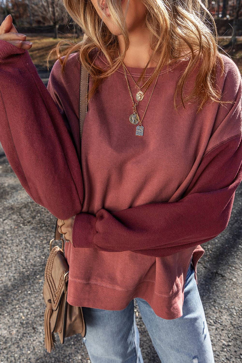 Two Tone Patchwork Drop Shoulder Pullover Sweatshirt: Mineral Red / 50%Polyester+50%Cotton / M