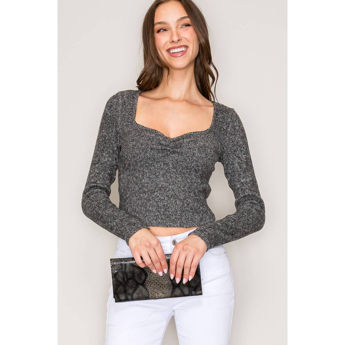 Sweetheart Neck Long Sleeve Sweater Hacci Rib Top: Heather Grey / S-M-L(2-2-2)