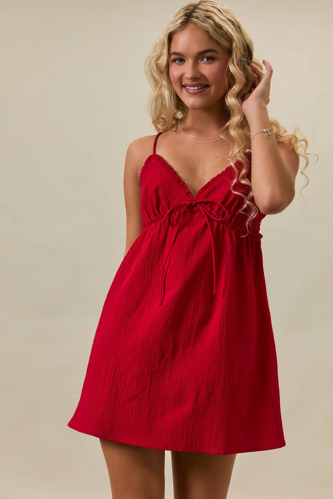 RUFFLE DETAIL SPAGHETTI STRAP SLEEVELESS A-LINE MINI DRESS: Red / S