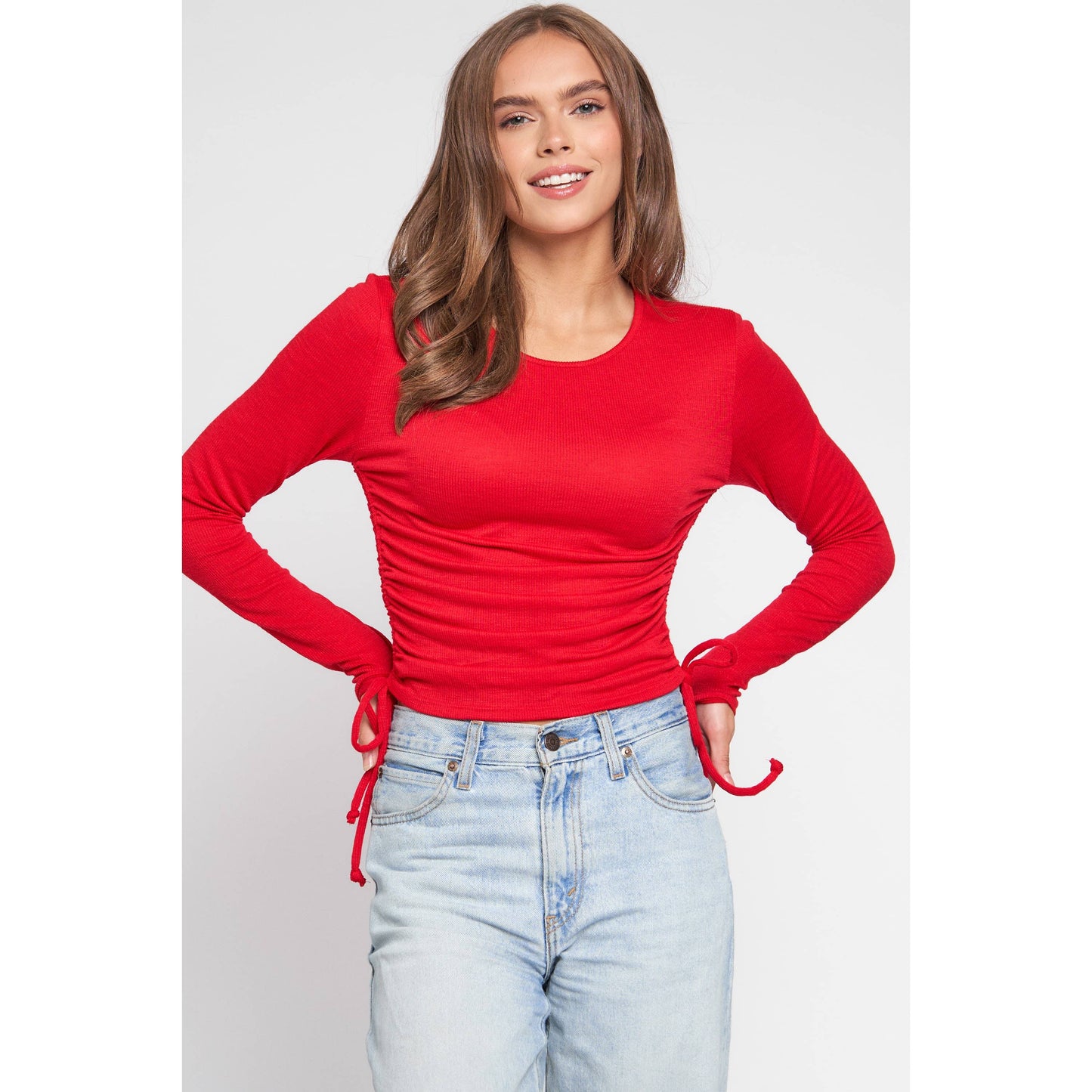 Scoop Neck Long Sleeve Side Drawstring Knit Top: Black / S-M-L(2-2-2)