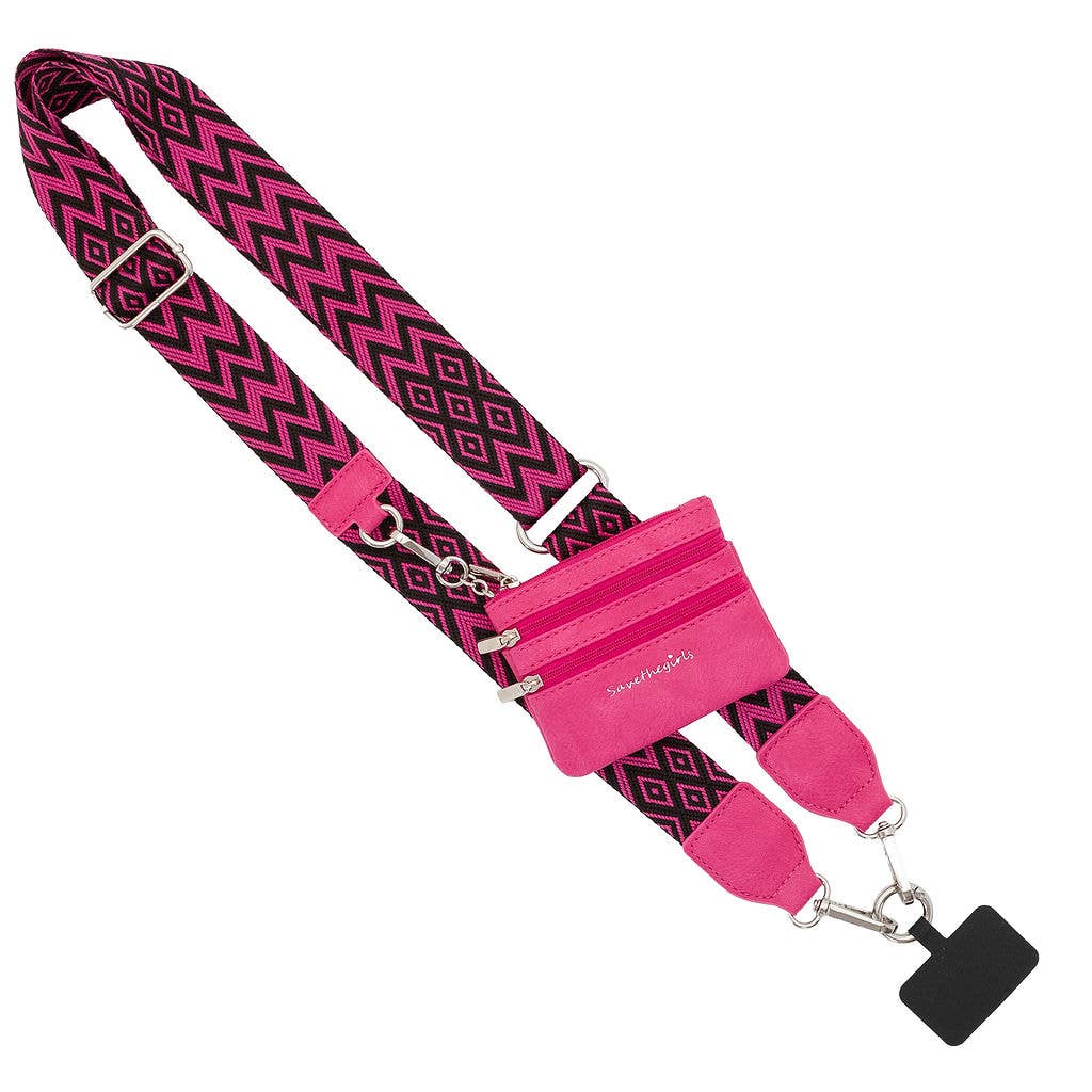Clip & Go Crossbody Phone Lanyard - Chevron Collection: Black/White - Black Pouch