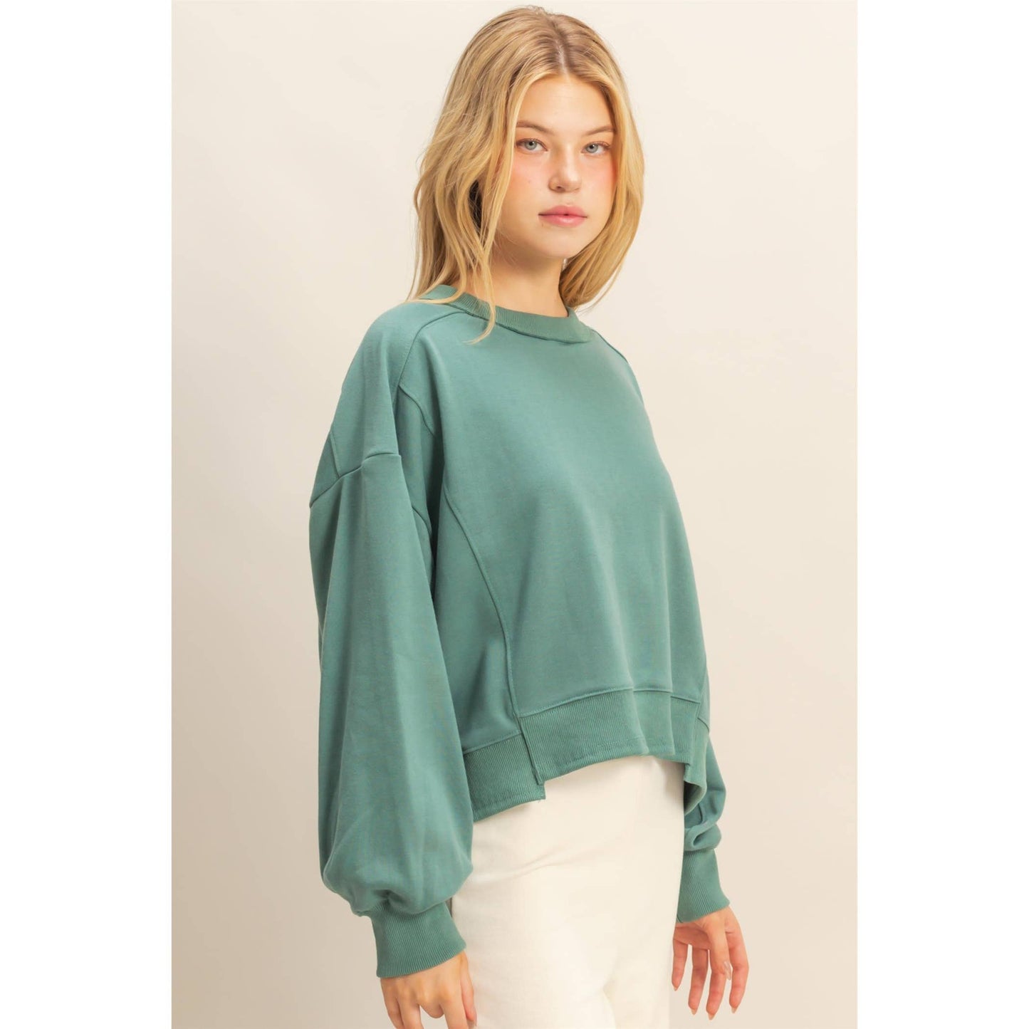 Layered Hem Sweatshirt With Raw Edges: MOSS GREEN / S-M-L(2-2-2)
