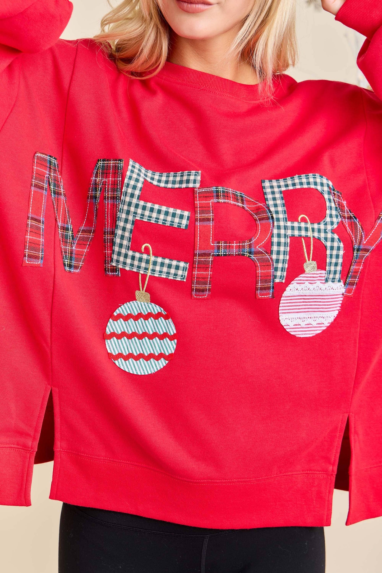Merry With Ornament Patchwork Oversized Long Sleeve Top: HUNTER GREEN / S
