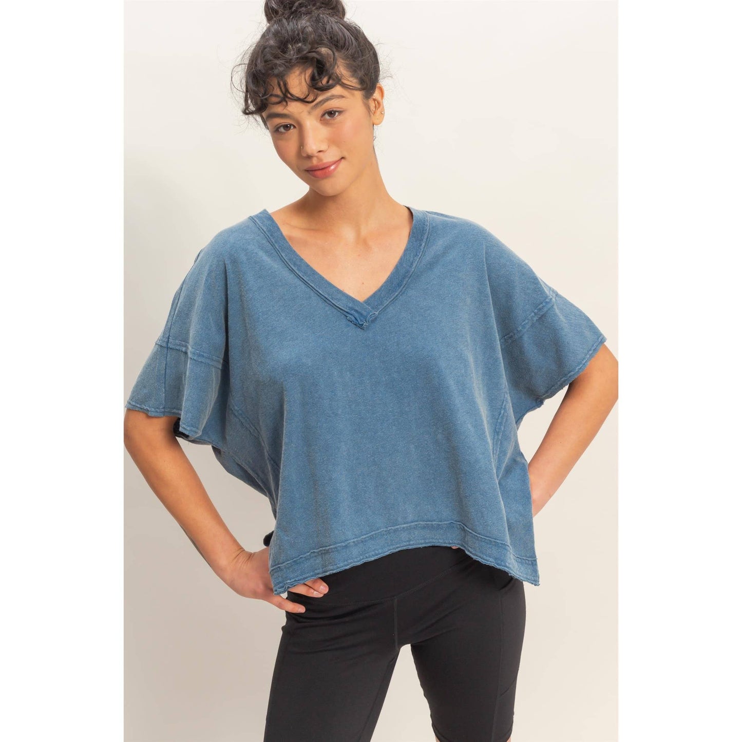 Oversized V-Neck Short Sleeve Top: WHIP CREAM / S-M-L(2-2-2)