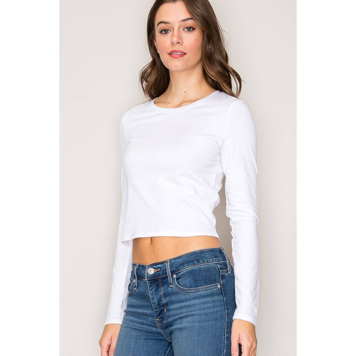 Crew Neck Long Sleeve Crop Top: Black / S-M-L(2-2-2)