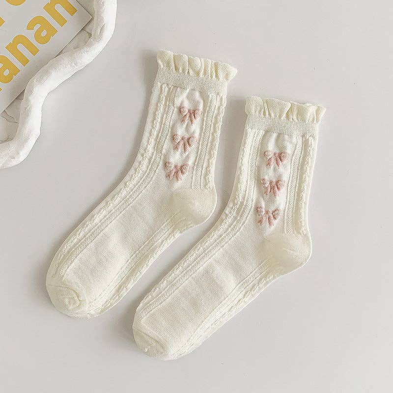 Rufia - White Rolled Edge Socks for Women: BOW / AVERAGE