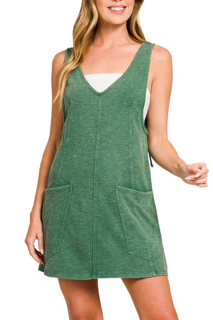 Washed Slub Adjustable Strap Overall Dress: DK GREEN / 2-2-2(S-M-L)