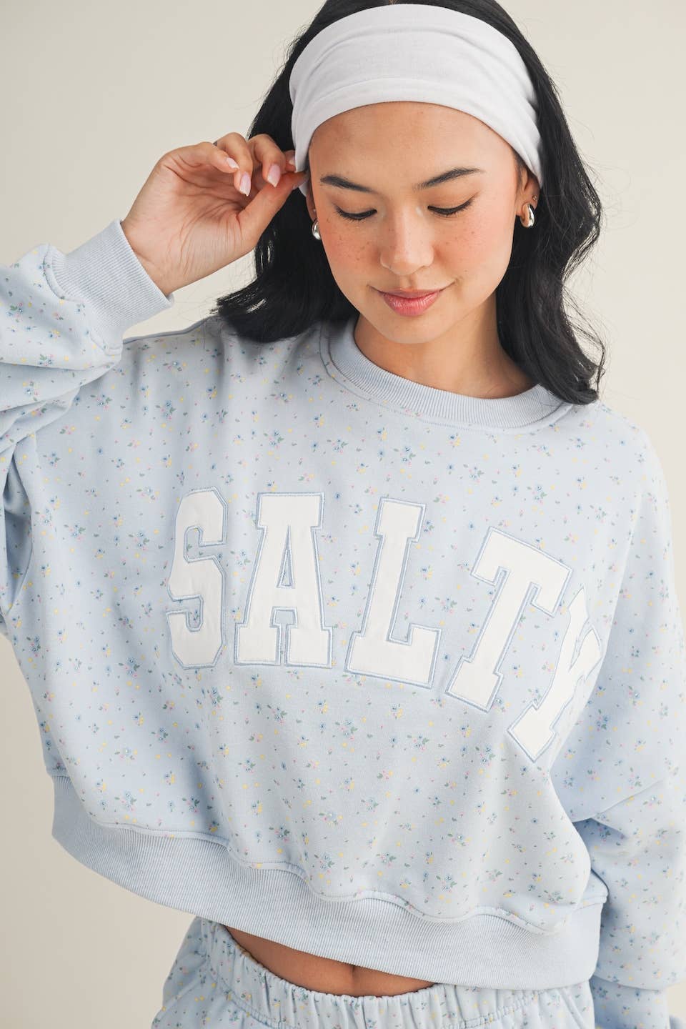 Salty Ditsy Print Crewneck Crop Sweatshirt: Pink Ditsy / S