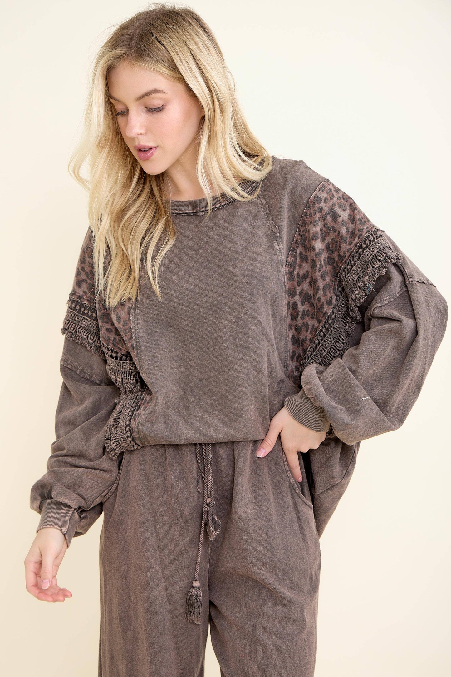 Mineral Washed Cheetah Leopard Fringe tassel top HT6722: Ash Oak / S-M-L / 2-2-2