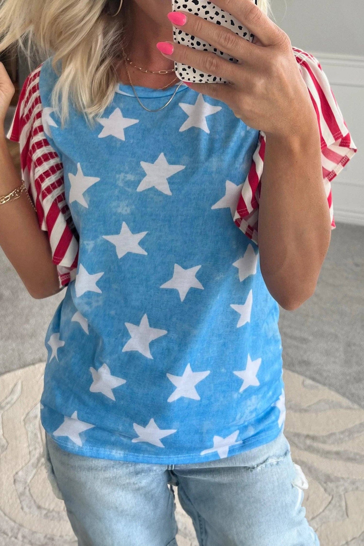 Blue Star Print Ruffle Sleeve Flag Day Patriotic Top: Sky Blue / 95%Polyester+5%Elastane / L