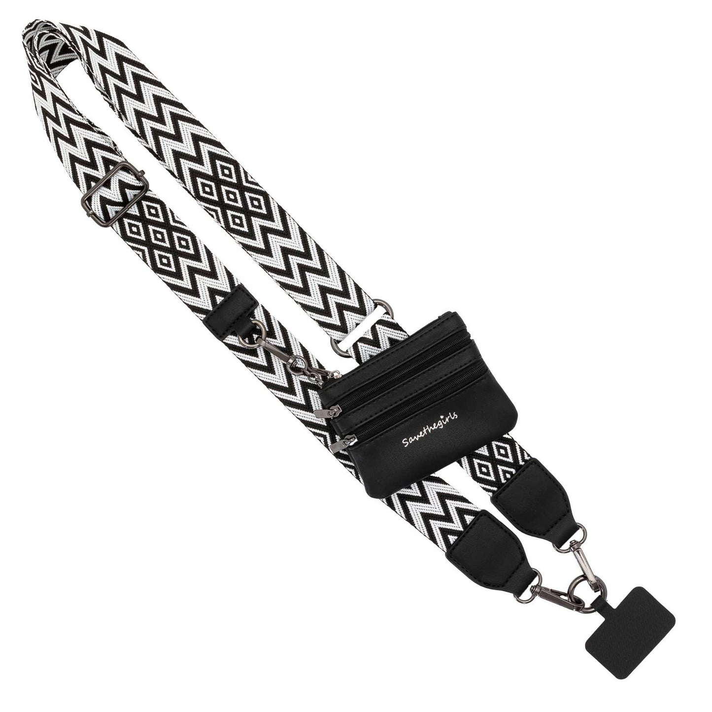 Clip & Go Crossbody Phone Lanyard - Chevron Collection: Black/White - Black Pouch