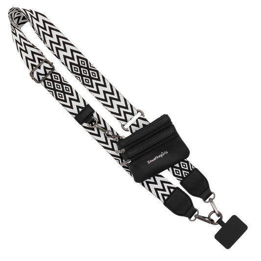 Clip & Go Crossbody Phone Lanyard - Chevron Collection: Black/White - Black Pouch