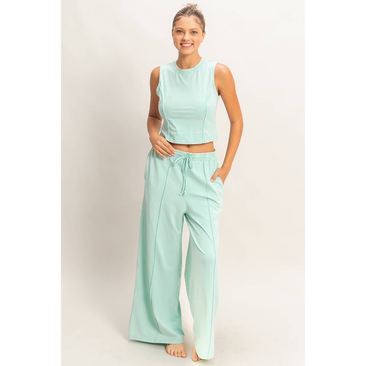 Mineral Washed Sleeveless Top & Wide Leg Pants Set: BLACK / S-M-L(2-2-2)