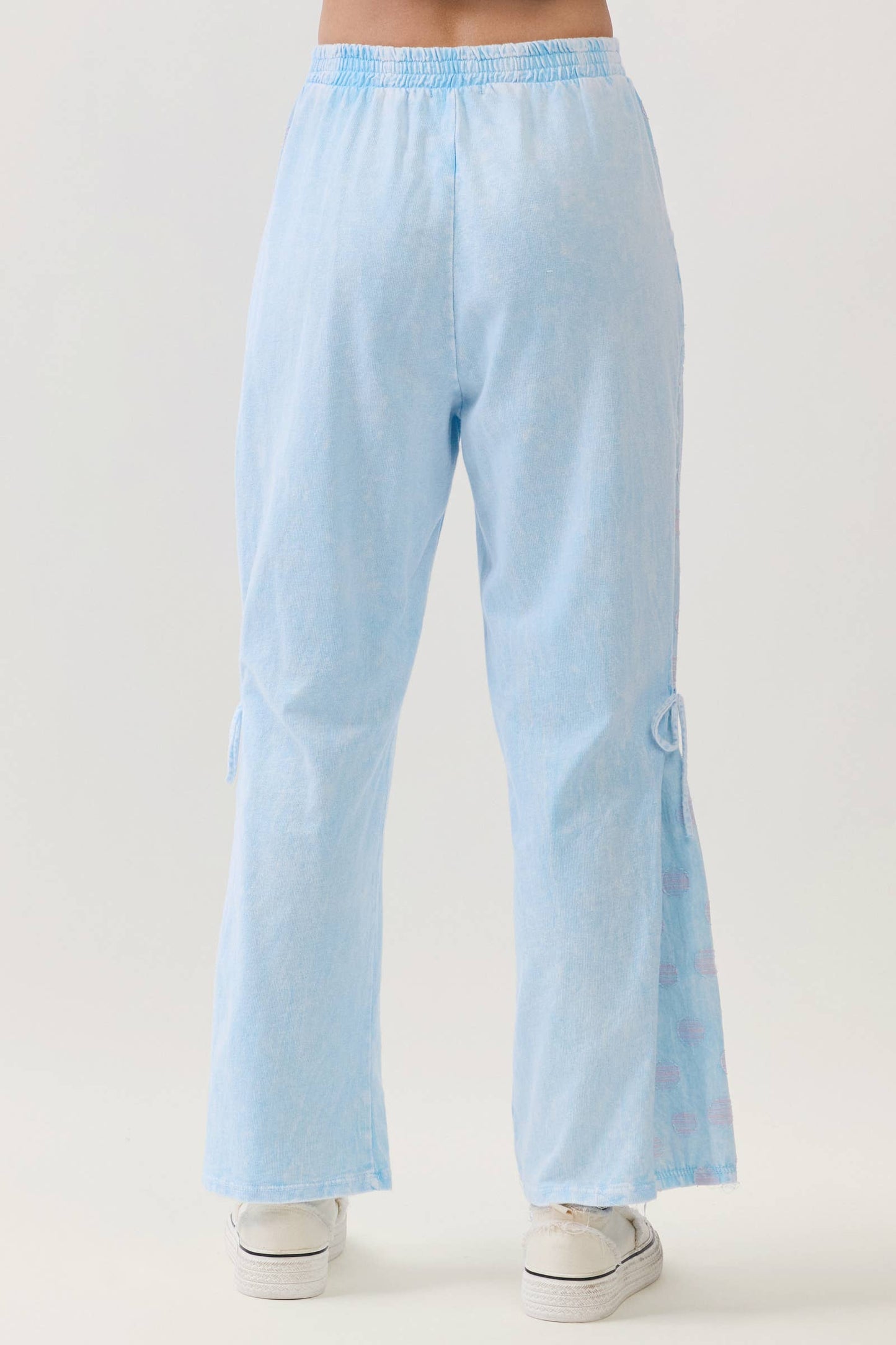Mineral Washed Polkadot Side Bow Tie Pants HP7324: Baby Blue / S-M-L / 2-2-2