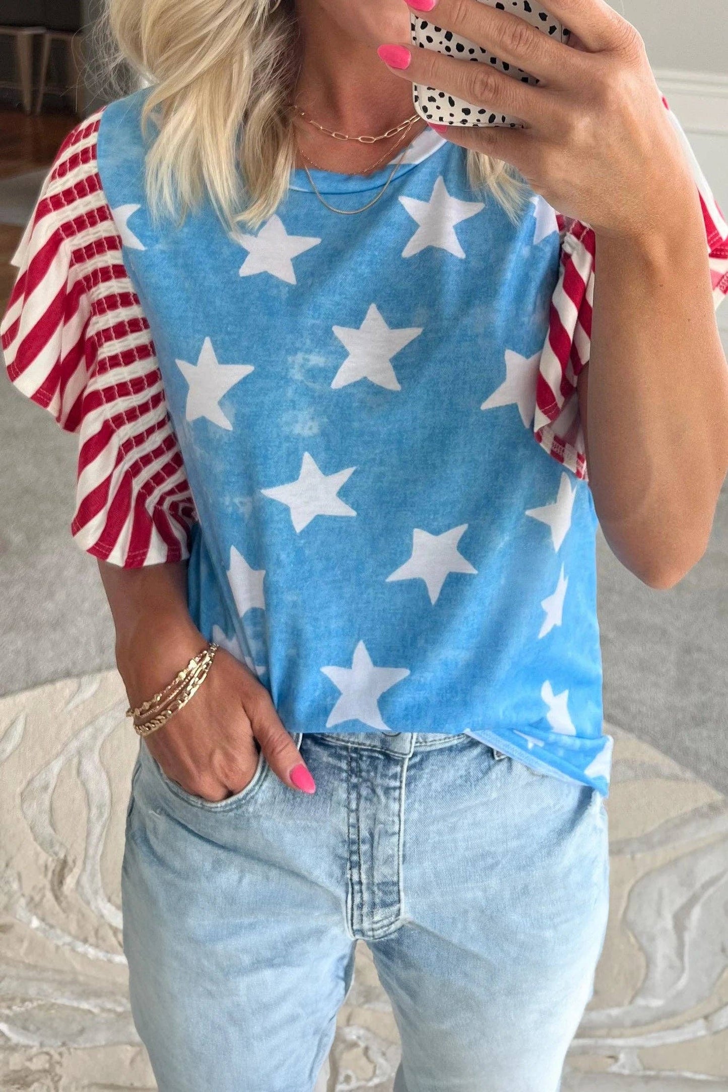 Blue Star Print Ruffle Sleeve Flag Day Patriotic Top: Sky Blue / 95%Polyester+5%Elastane / M