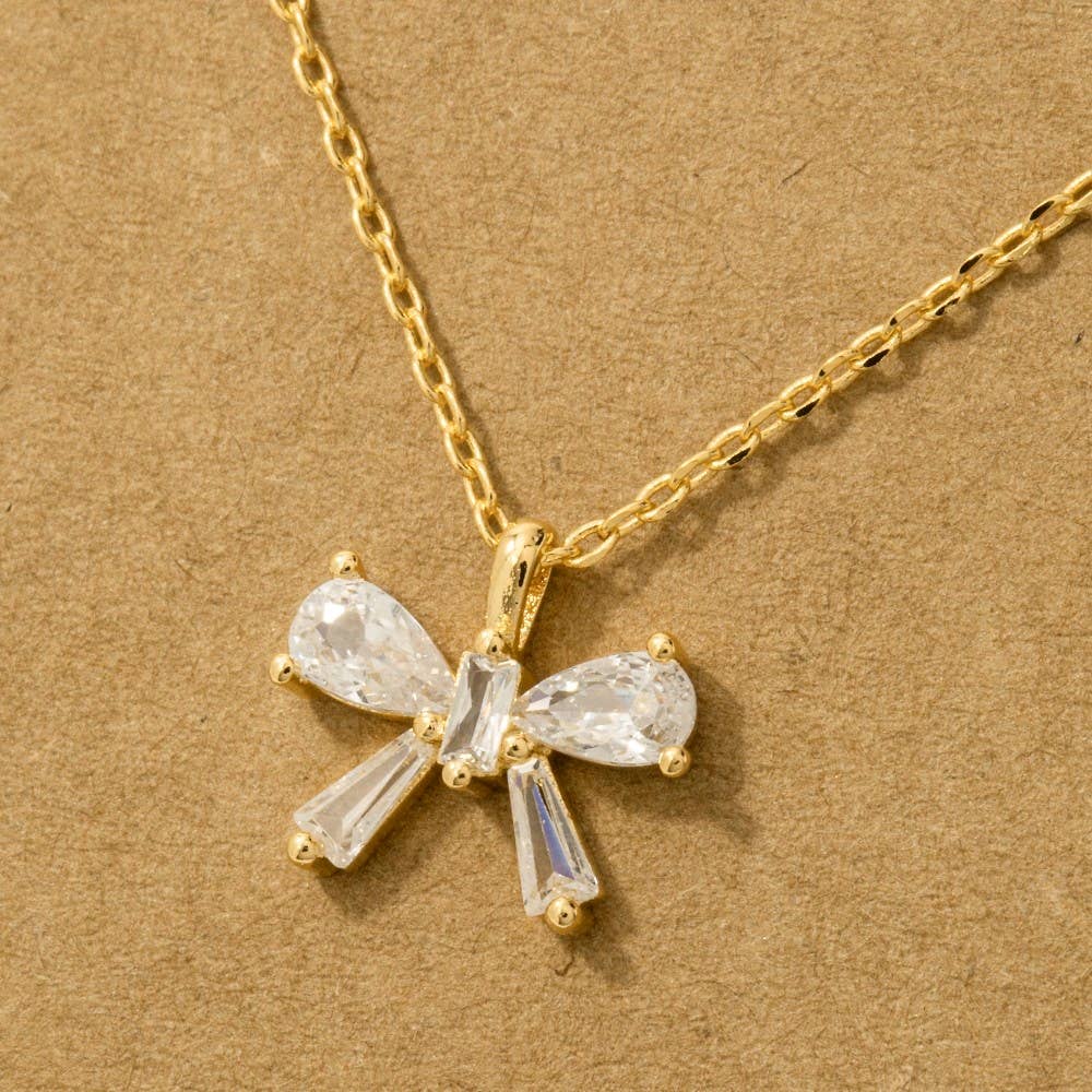 Rhinestone Ribbon Bow Pendant Necklace: G