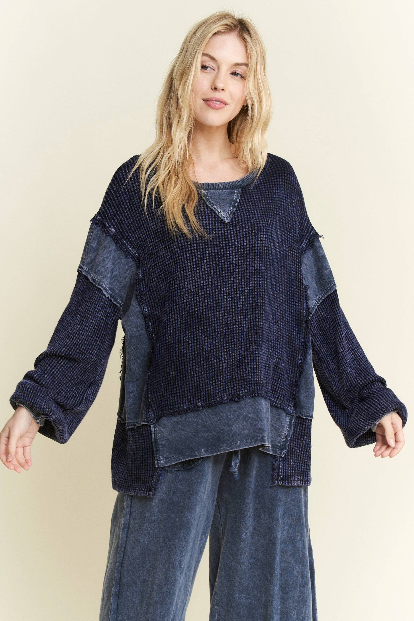 MineralWash Waffle and terry oversized fall shirt HT5989.: Midnight Green / S-M-L / 2-2-2