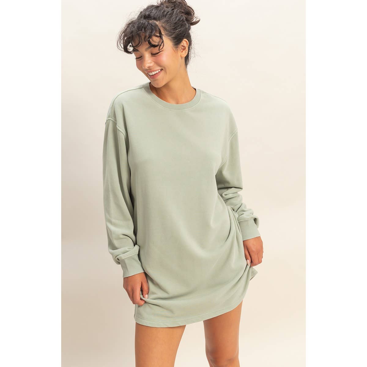Mineral Washed Oversized Mini Sweatshirt Dress: CHESTNUT / S-M-L(2-2-2)
